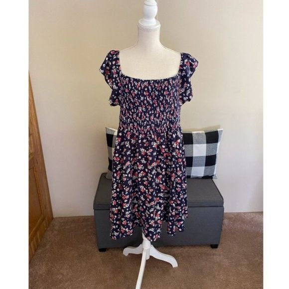TORRID NAVY FLORAL OFF SHOULDER SKATER DRESS WOMENS PLUS SIZE 5 5X SMOCK… - Picture 3 of 10